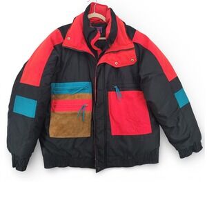 Slazenger‎ Large Ski Jacket Nylon Down Black Red Colorblock 90s Retro